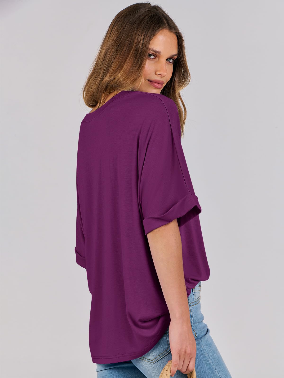 ANRABESS Women's Oversized T Shirts Short Sleeve Crewneck Summer Tops Casual Loose Basic Tee Shirts 2024 Trendy Clothes Purple Small