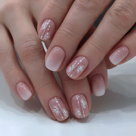 Short Press on Nails Square Fake Nails Cute Gradient Pink White False Nails with Exquisite Rhinestones Glossy White Flowers Glue on Nails Full Cover White Nail Tips Acrylic Nails for Women and Girls