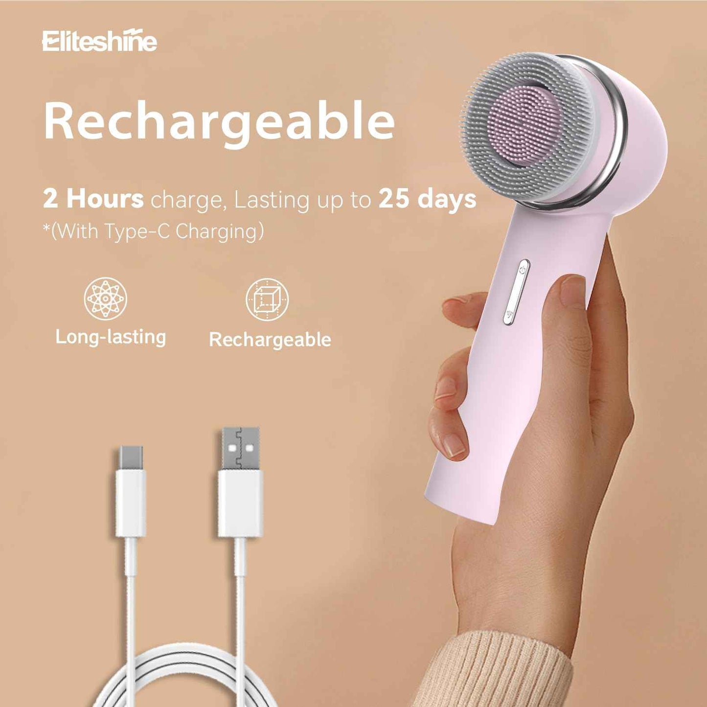 Eliteshine Electric Facial Cleansing Brush with Dual-Rotating Silicone and Bristle Brushheads,Electric Silicone Face Scrubber Exfoliator,Face Cleansing Brush, Rechargeable, for Face Skin Issues,Pink