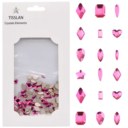 Tisslan 100pcs Fuchsia Glass Nail Diamonds Rhinestones Flatback Multi 10 Different Shape Color Crystals Small and Large Assortment Bulk for Nail Art