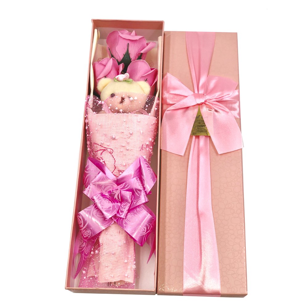 Abbie Home Flower Bouquet 3 Scented Soap Roses Gift Box with Cute Teddy Bear for Her Him Valentine's Day Anniversary Wedding Mothers Day Birthday Gift and Proposal-Pink