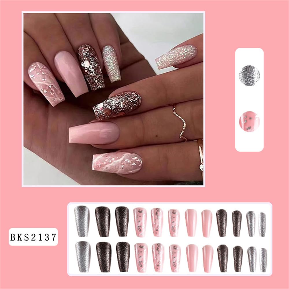 Sparkly Shiny Long Coffin Press On False Nails Medium Length Full Cover Acrylic Fake Nails Ballerina Nails for Women Lady Fashion Nails for Nail Salons and Home DIY Nail Art 24PCS (BKS2137 Mixed Pink)