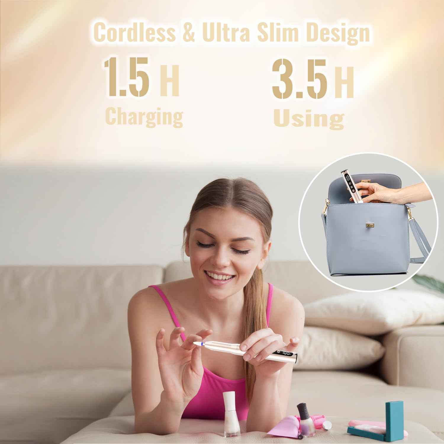 Denabuty Electric Nail Drill Cordless, 35000RPM Portable Electric Nail File with LCD Display and 12 Nail Drill Bits for Acrylic & Gel Nails, Professional Manicure & Pedicure Kit Set Golden