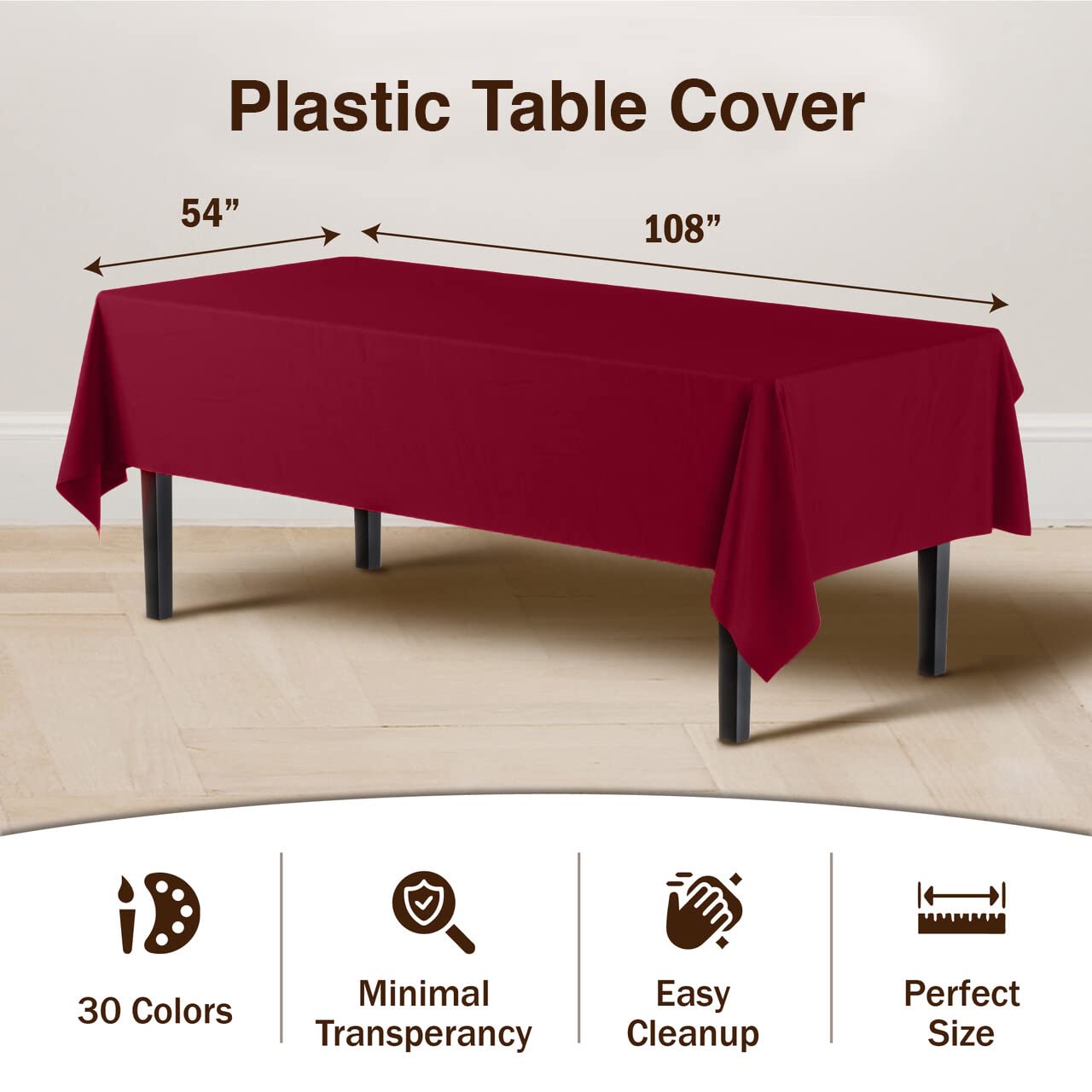 Exquisite 12-Pack Premium Plastic Tablecloth 54in. x 108in. Rectangle Table Cover - Burgundy