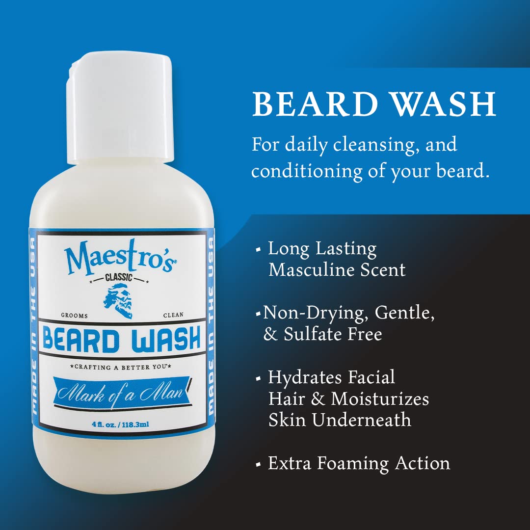 Maestro's Classic BEARD WASH | Anti-Itch, Deep Cleaning, Non-Drying, Fully Hydrating Gentle Cleanser For All Beard Types & Lengths- Mark of a Man Blend, 4 Ounce