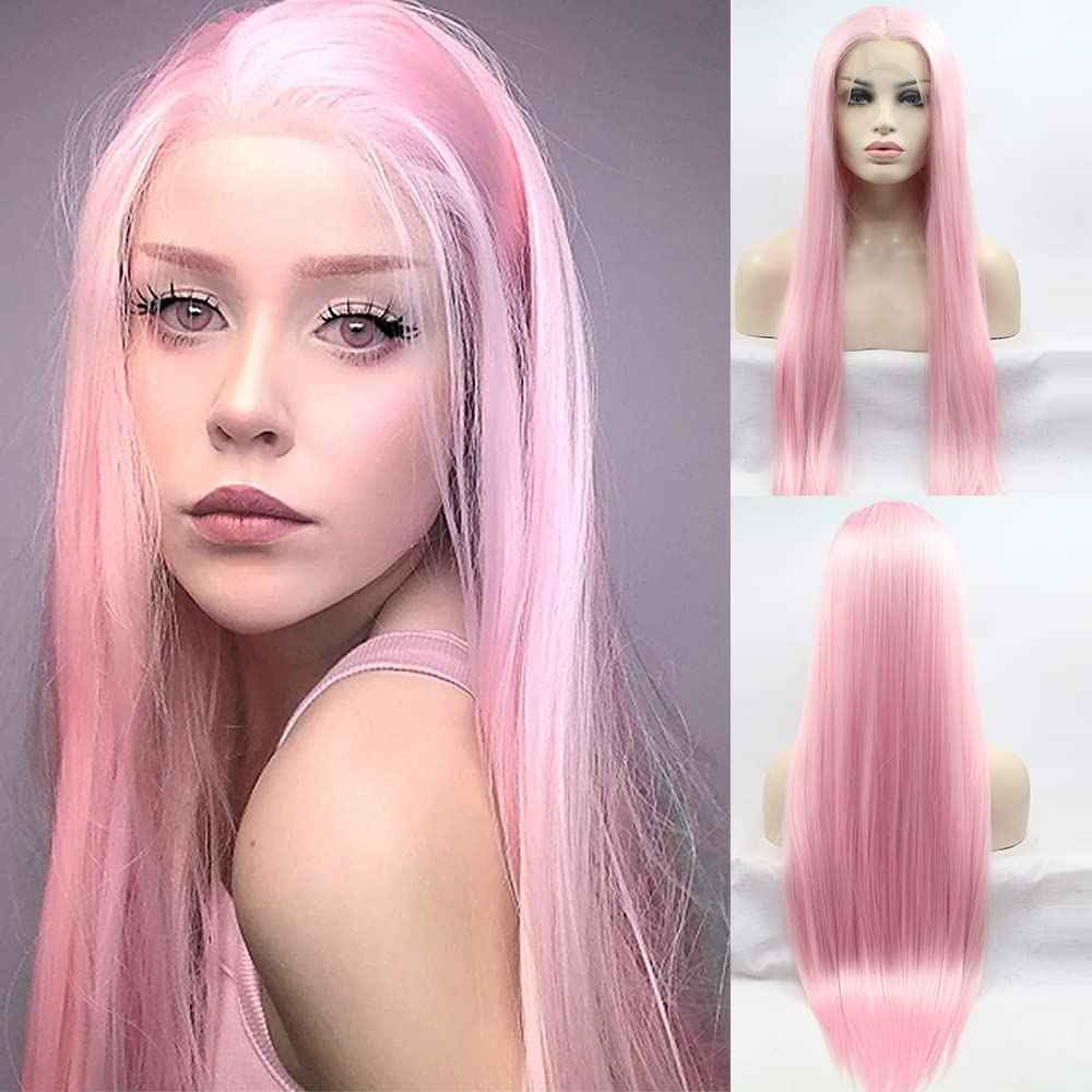 xiweiya Long Pink Lace Front Wig Straight Pastel Pink Synthetic 13x3 Lace Front Wig Middle Part Glueless Wig Natural Hairline Heat Resistant Fiber for Women, Drag Queen Cosplay Makeup Party 24 Inch
