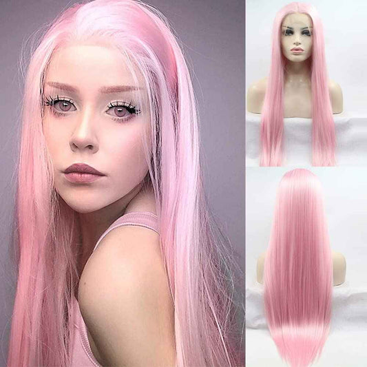 xiweiya Long Pink Lace Front Wig Straight Pastel Pink Synthetic 13x3 Lace Front Wig Middle Part Glueless Wig Natural Hairline Heat Resistant Fiber for Women, Drag Queen Cosplay Makeup Party 24 Inch