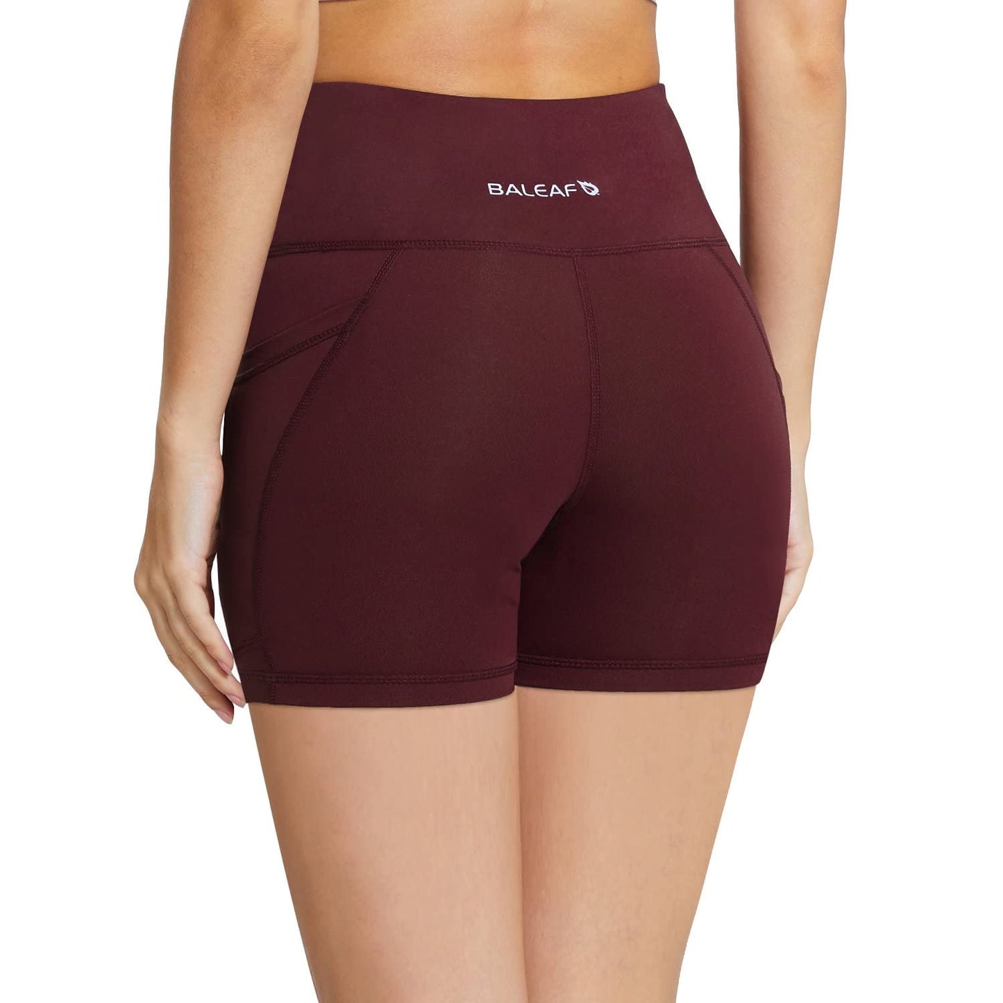 BALEAF Biker Shorts Women Yoga Gym Workout Spandex Running Volleyball Tummy Control Compression Shorts with Pockets 5" Wine Red L