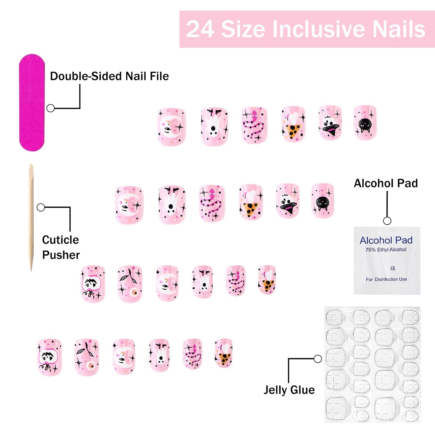 Halloween Press on Nails Short Square Petite Fake Nails Pink Little Ghost False Nails with Designs Glue on Nails Halloween Stick on Nails Cute Cat Acrylic Nails with Nail Glue for Women 24 Pcs