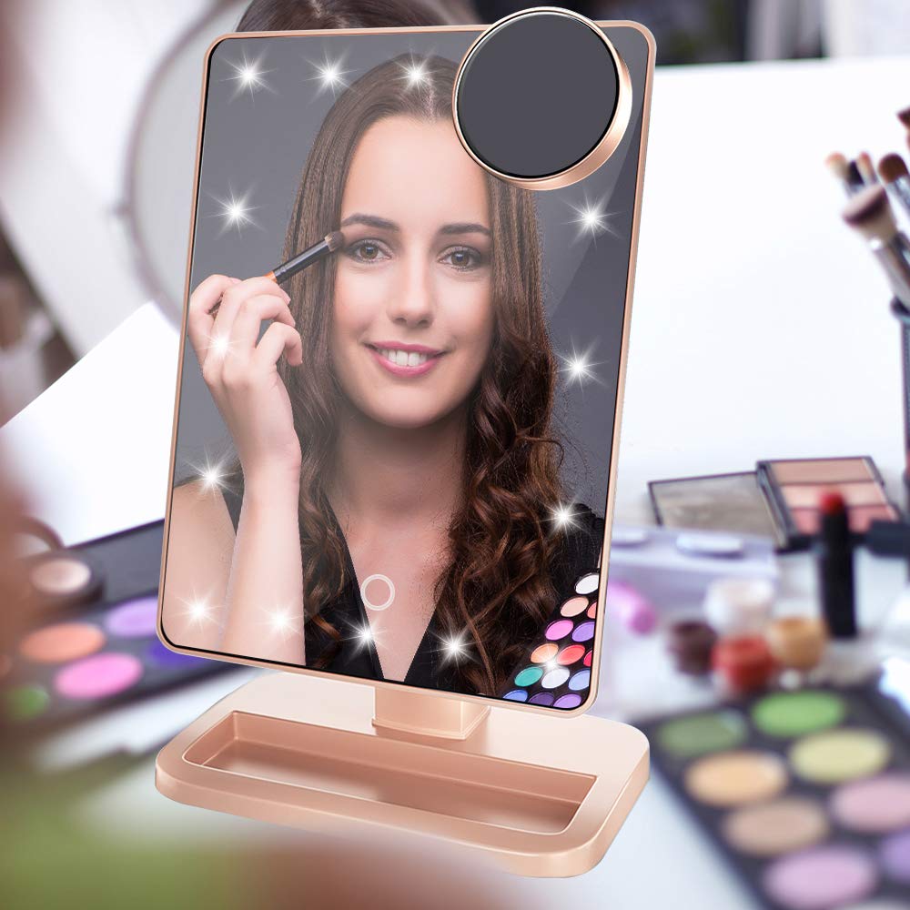 Lighted Makeup Mirror, Vanity Mirror with Bluetooth, 360° Rotation, Adjustable Brightness, Touch Screen, Detachable 10X Magnification Spot Mirror, Rechargeable by Beautify Beauties