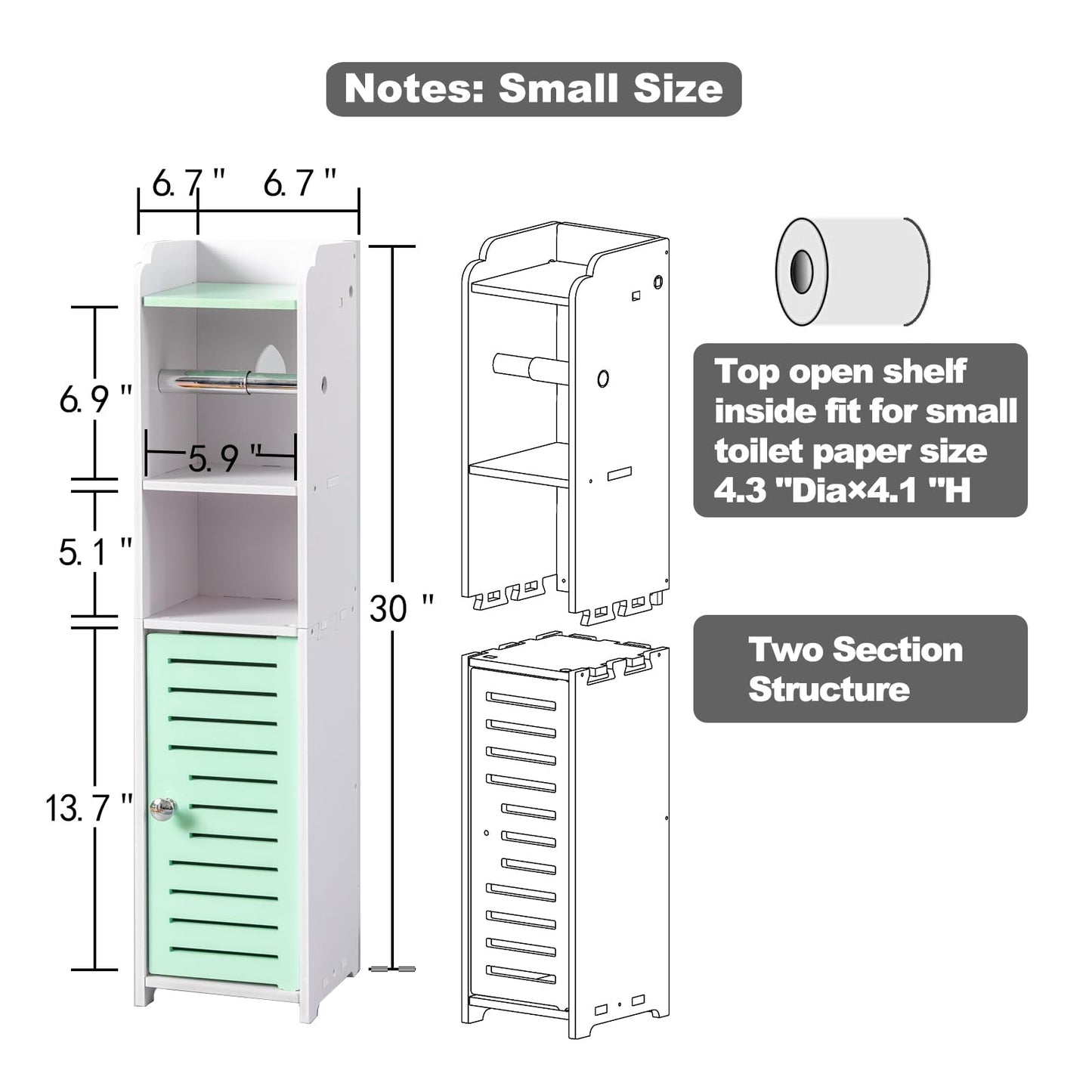 AOJEZOR Toilet Paper Holder Stand: Small Bathroom Storage Cabinet - Mint Green - White