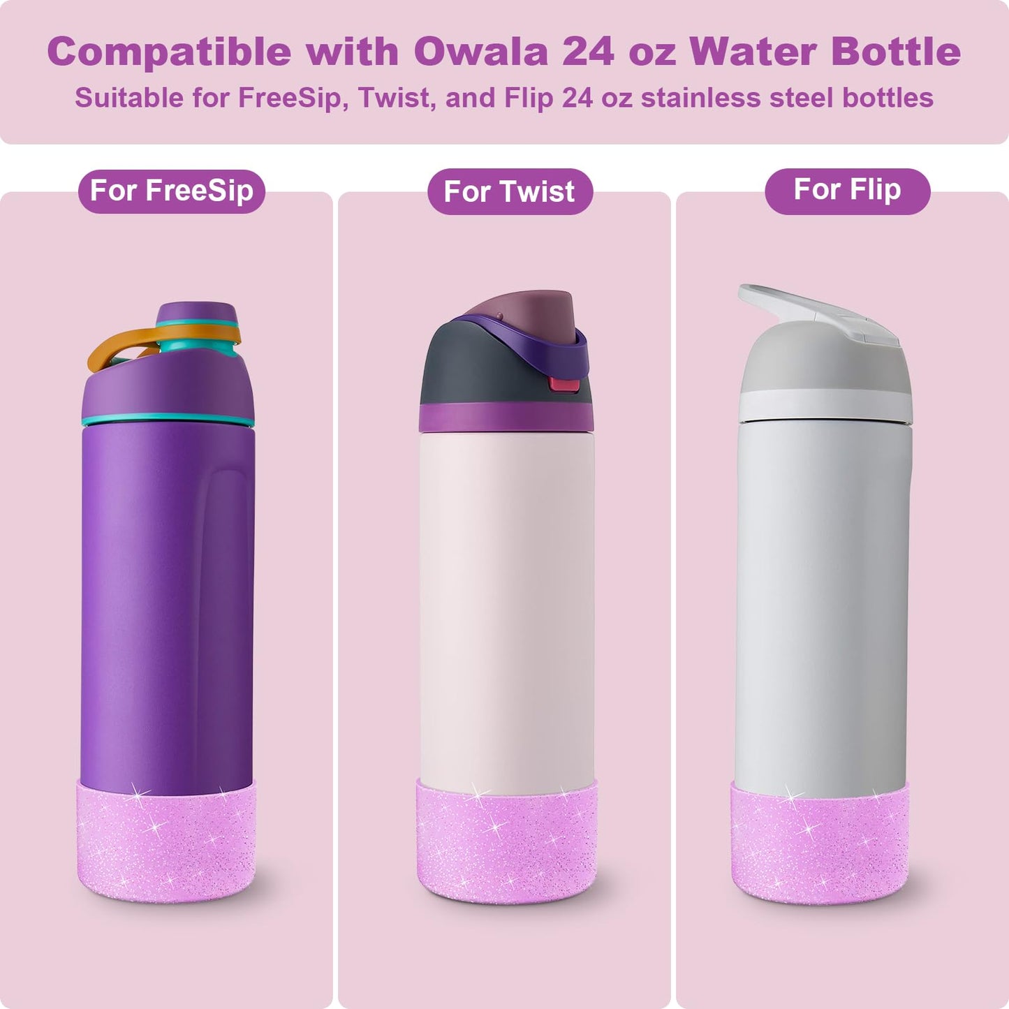 Alwenid 2PCS Silicone Water Bottle Boot for Owala 24oz, Anti-Slip Protective Sleeve Bottom Bumper Protector for FreeSip, Twist, and Flip Stainless Steel Water Bottles