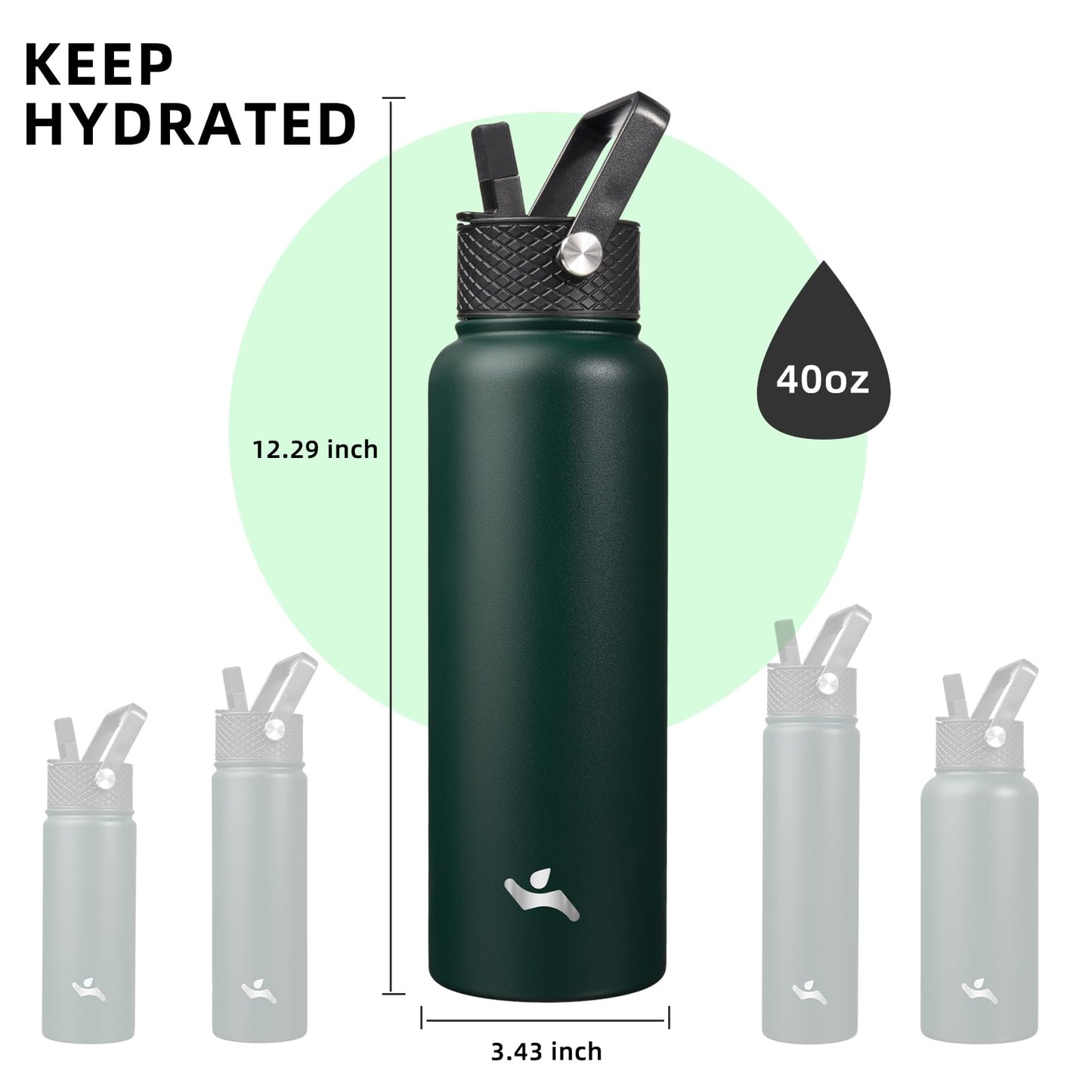 Konokyo Insulated Water Bottle with Straw,40 oz 3 Lids Metal Bottles Stainless Steel Water Flask,Army Green