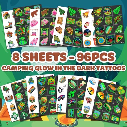 96 PCS Glow in the Dark Camping Temporary Tattoos for Kids