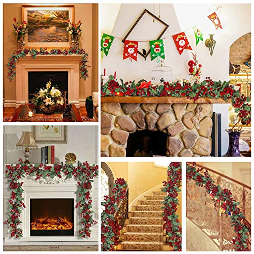 U'Artlines Total 11Ft Christmas Garland 2PCS Artificial Holiday Hanging Garlands Christmas Vine with Red Berries for Stairs Wall Fireplace Mantel Indoor Outdoor Decor (2pcs Red Berries Garland)