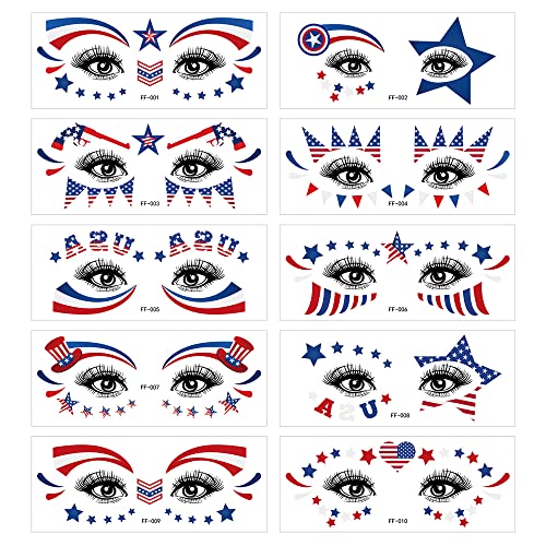 4th of July Temporary Tattoos Stickers Independence Day Face Tattoo 20 Sheets Flag Decals Eye Makeup Sticker Red Blue White USA Flag Star Stickers Patriotic Body Art Decoration Tattoo Stickers
