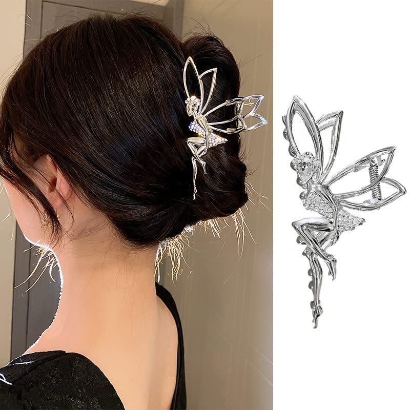 Metal Sliver Hair Claw Clips Spirit Hair Clips with Crystal Rhinestones Design Elf Shiny Large Hair Crab Clips Hair Barrette Exquisite Luxury Shark Clip Hair Accessories for Women Birthday Gift 1Pcs