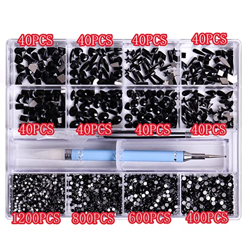 3320Pcs Black Nail Art Rhinestones Crystal,HOINCO 3D Rhinestones Gems Jewels Diamond,24 Types of 320 Diamonds + 3000 Round Beads, Crystals 3D Flat Back Gemstones for Nail DIY Crafts with Tweezers Pen