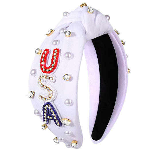 NVENF Rhinestone Pearl Jeweled 4th of July Headband, American Flag, Women's Hairband, Festive Accessory