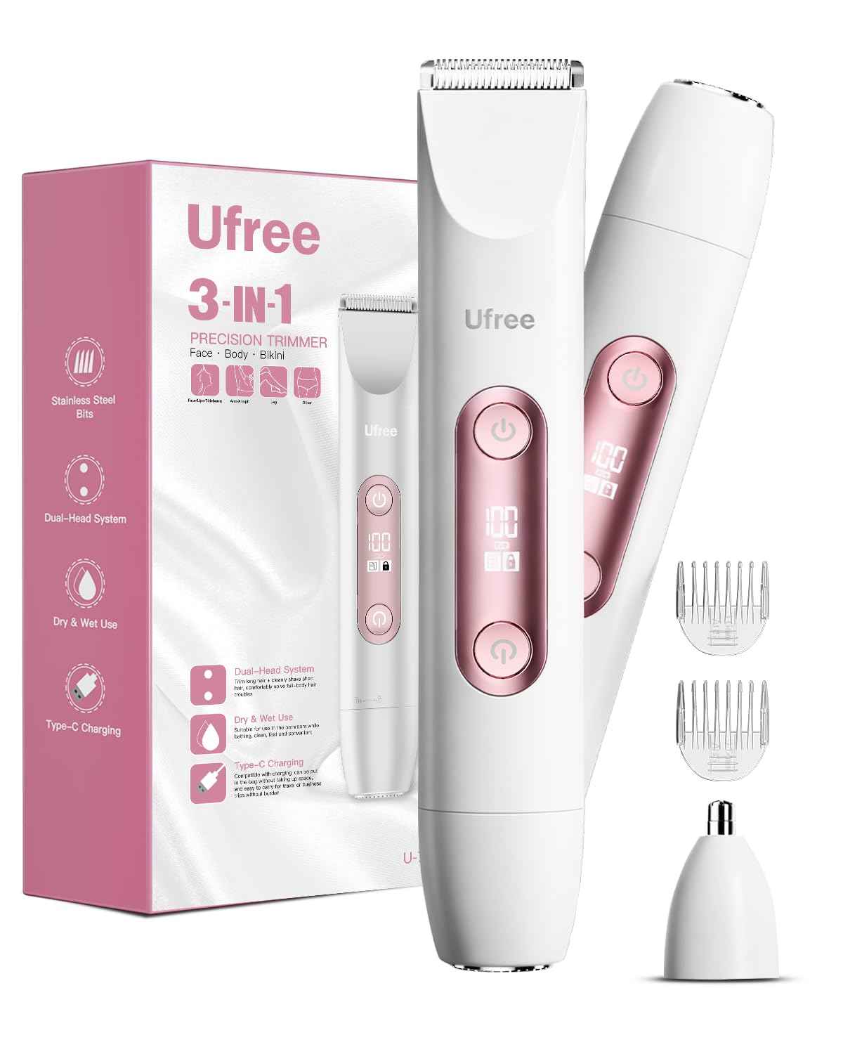 Ufree Bikini Trimmer Electric Razors for Women Dual Head, Pubic Body Hair Trimmer Electric Shaver for Face, Legs, Arm, Rechargeable Lady Shaver Waterproof, Summer Grooming Kit, Gifts for Her