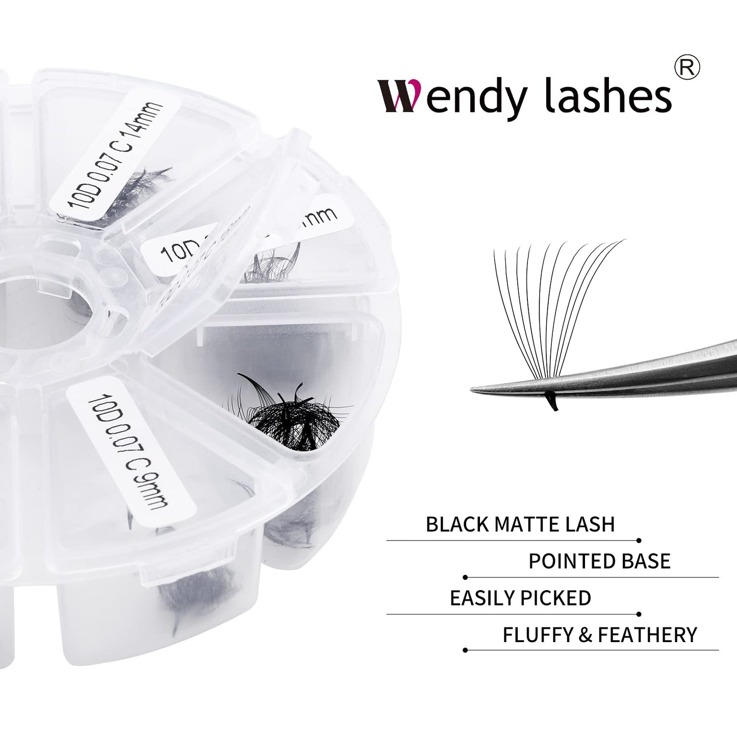 Volume Lash Extensions 10D Premade Fans Eyelash Extensions 500 PCS 0.07mm Thickness 9-16mm Mixed C/D Curl Short Stem Premade Volume Eyelash Extensions Pointed Base Fans by WENDY LASHES (500PCS-10D-0.07-C, 9-16mm Mixed Tray)