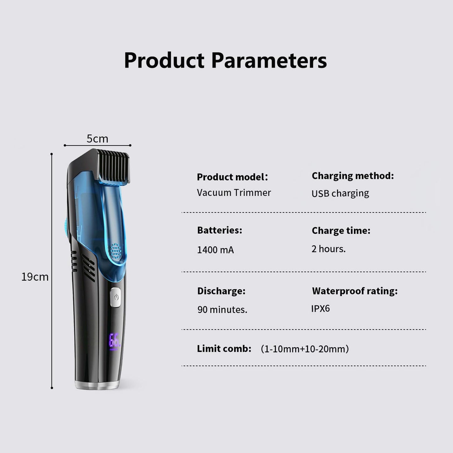 NanoGroom Electric Beard Trimmer for Men, Vacuum Beard Trimmer, 20 Length and Style Settings with Adjustable Length Comb (1-20mm) Mustache Trimmer, Washable, Removable Blades - Blue