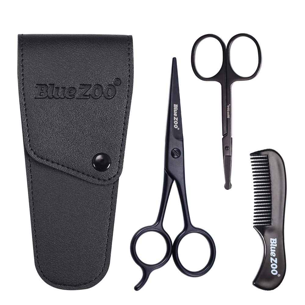 BlueZOO Beard Mustache Scissors and Comb Kit with PU Storage Bag, Rounded Safety Nose Hair Scissor for Men and Women Care Grooming, Ear Trimming Tool, Shears for Personal Grooming, Cutting & Styling