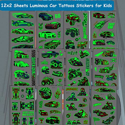 CHARLENT Glow in Dark Race Car Tattoos for Kids - 24 Sheets