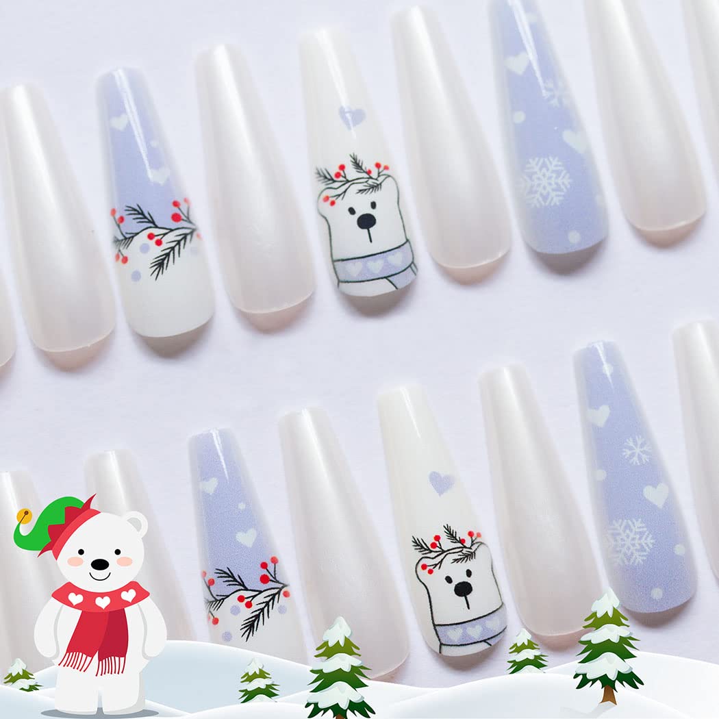 Uranian Coffin Extra Long Press on Nails Snowflake Red Christmas Fake Nails Elk Ballerina Glossy Full Cover False Nails Santa Claus Acrylic Nails Tips for Women and Girls 30 PCS (Pattern-G)