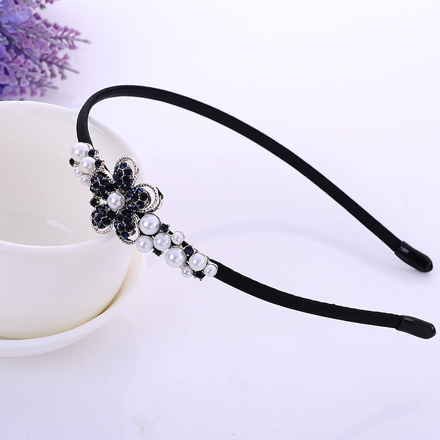 Flower Pearl Rhinestone Headband for Women Vintage Bow Mental Headband Crystal Hair Hoops Band Headpiece Accessories (Flower)