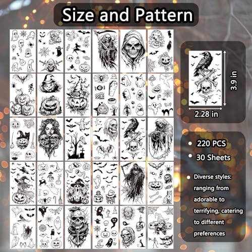 30 Sheets Halloween Inspired Temporary Tattoos Stickers with Grim Reaper Ghosts Pumpkins Skeletons Bats for Halloween Party Cosplay and Horror-themed Party Makeup
