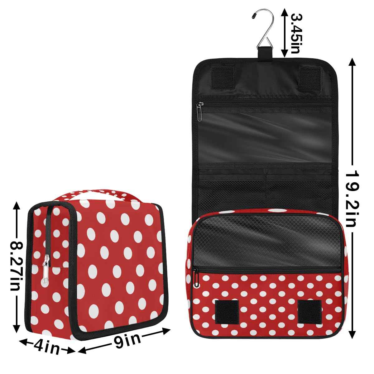 Bardic Hanging Travel Toiletry Bag for Women, Polka Dot Print Travel Makeup Bag Red White Polka Dot Portable Cosmetic Bag Travel Organizer for Toiletries Accessories