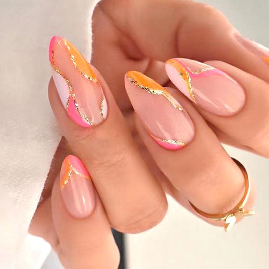 Almond Fake Nails Medium Press on Nails Orange Pink False Nails with Gold Line Design Fake Nails for Women 24 Pcs