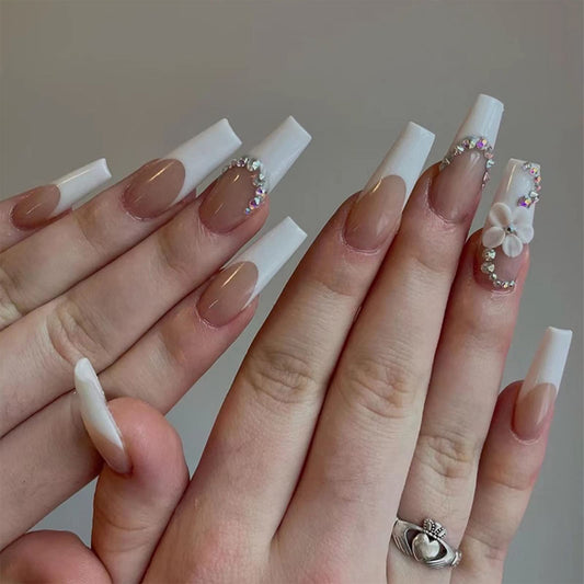 White French Tip Press on Nails Long Coffin Fake Nails with Cute Flowers Design Nude Full Cover Stick on Nails Luxury Rhinestones Glossy False Nails with Glue for Women Acrylic Nails