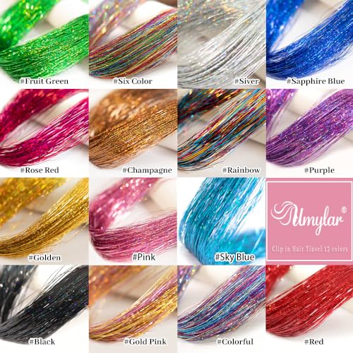 Hair Tinsel Pack of 12 Pcs Clip in Hair Tinsel 20 Inch Colorful Glitter Tinsel Hair Extensions Tinsel Fairy Hair Party Dazzle Hair Accessories Strands Kit for Women Girls Kids(12Pcs,Colorful#)