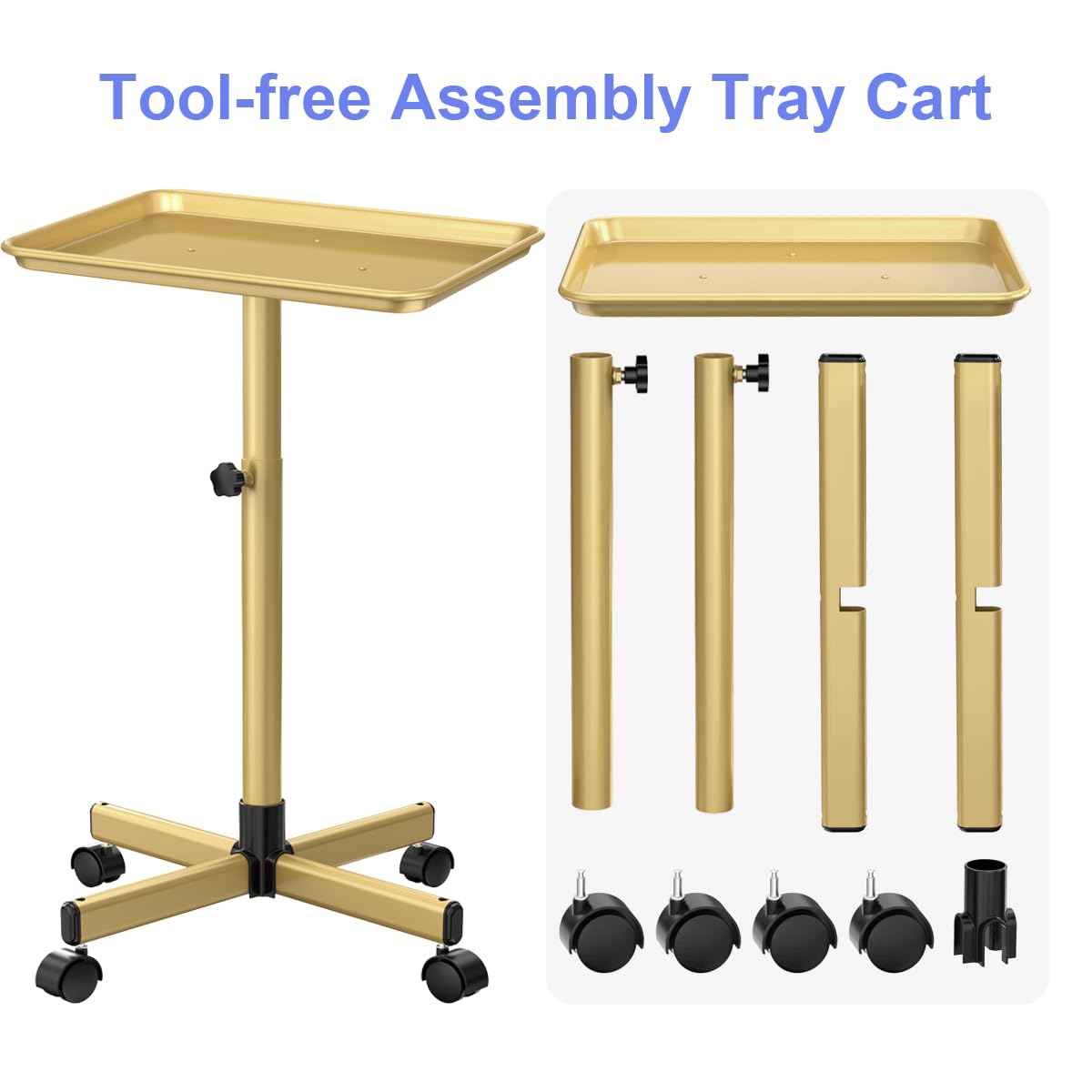 Salon Tray Cart, Salon Rolling Tray Adjustable Height, Tattoo Tray, SPA Rolling Trolley Tray for Beauty Hairstylist Dental Clinic,Champagne Gold