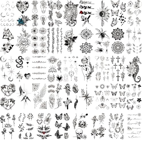 92 PCS Black Flowers Temporary Tattoos Adult Women Girl Teens 3D Temp Realistic Sunflower Rose Cross Leopard Snake Fake Tattoos, Butterfly Peony Floral Leaf Serpent Tatoo Sticker Men Long Lasting