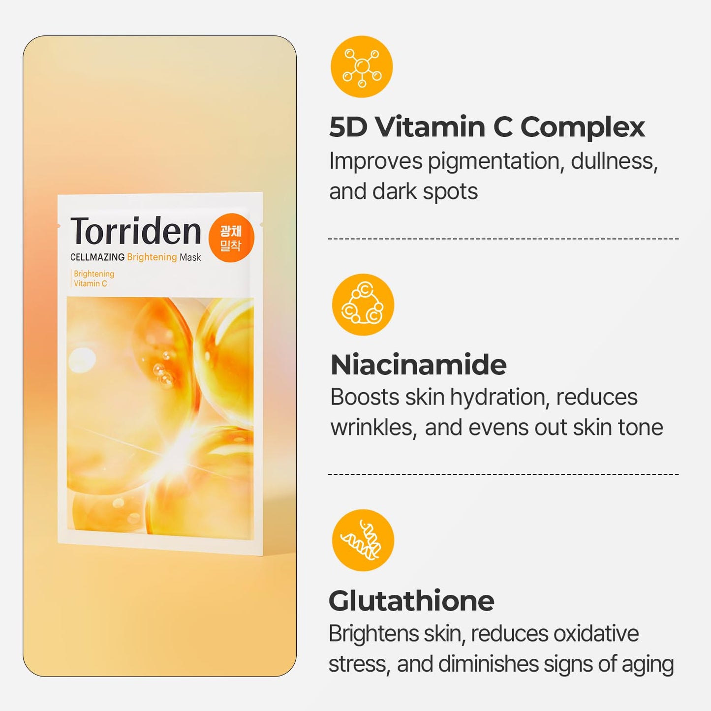 Torriden CELLMAZING Vita C Sheet Mask (10 sheets) | Extra Glowing Care | Improving overall skin tone and complextion for a lasting radiance | 5D Vitamin C, Niacinamide, Glutathione | Korean Face Mask