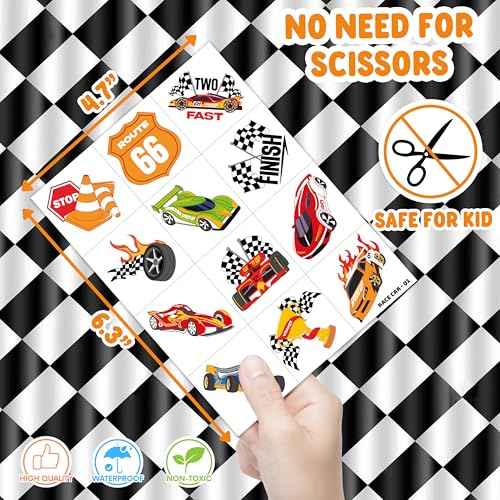 96 PCS Racing Car Pre-Cut Temporary Tattoos for Kids | Super Cute Racing Car Themed Birthday Party Favors, Supplies, Decorations, Fake Tattoo Stickers (Multiple)