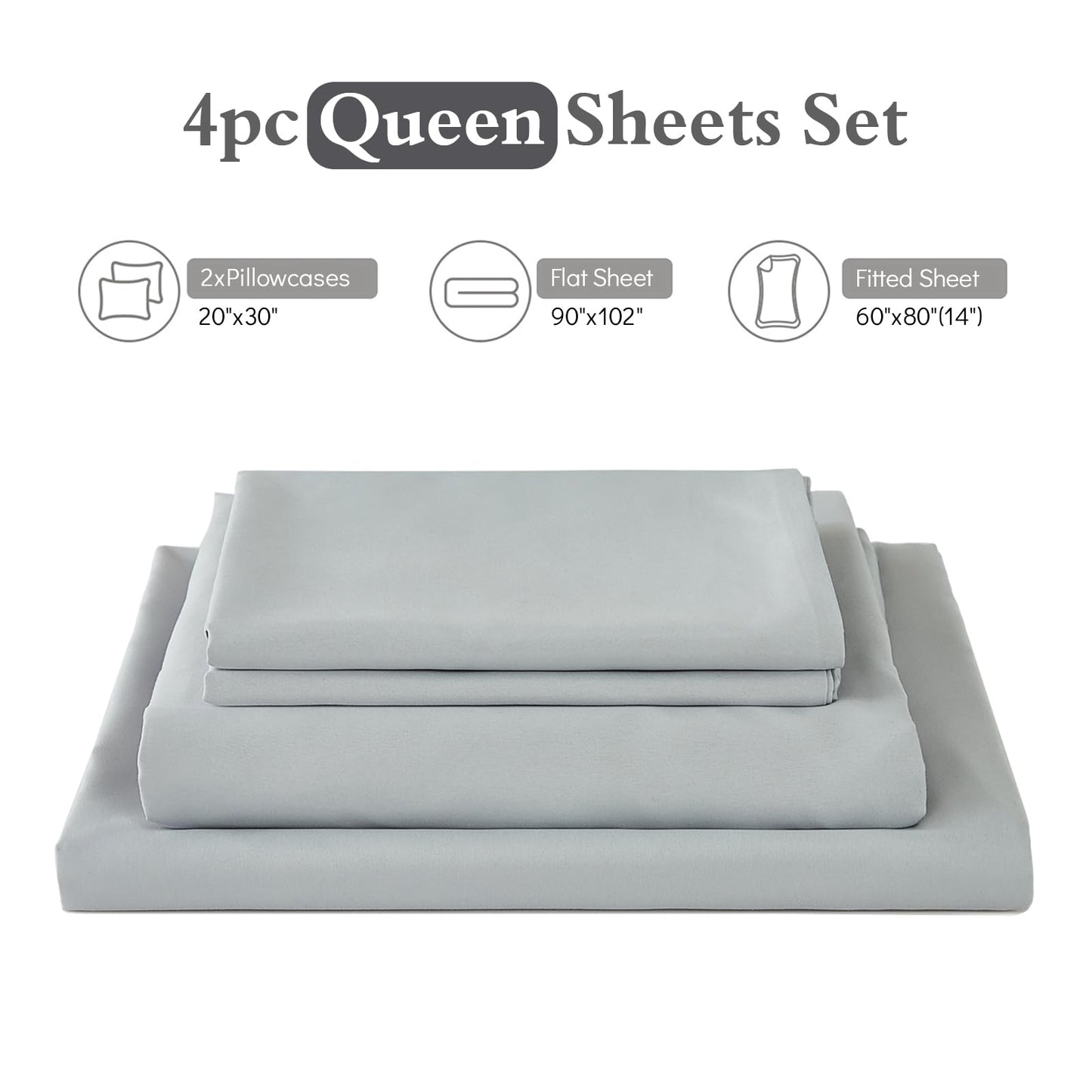 ILAVANDE Queen Sheets Set 4 Piece,Hotel Luxury Super Soft 1800 Series Microfiber Queen Bed Sheets Set-Wrinkle Free & Breathable-14 Deep Pocket Sheets for Queen Size Bed(Queen,Light Grey)