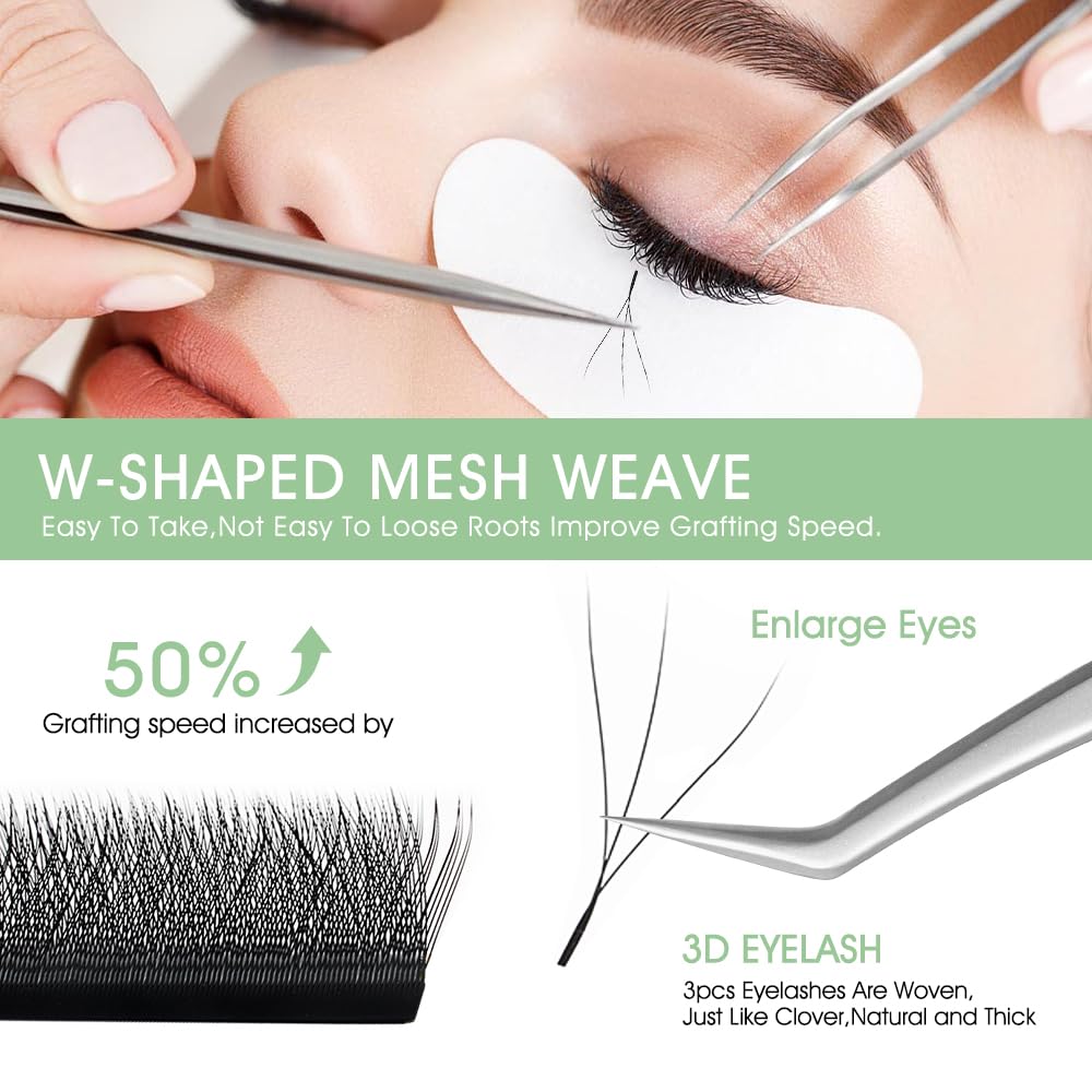 NATUHANA W Shaped Clover Eyelashes Extension 3D Premade Fans 0.07mm D Curl 9-15 Mixed Tray Volume Lash Cluster W Lashes Supplies Automatic Blooming Flower Lash Extensions (3D black ; 0.07 D,9-15 MIX)