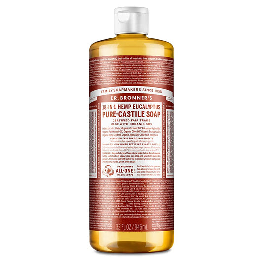 Dr. Bronner's - Pure-Castile Liquid Soap (Eucalyptus, 32 ounce) - Made with Organic Oils, 18-in-1 Uses: Face, Body, Hair, Laundry, Pets & Dishes, Concentrated, Vegan, Non-GMO