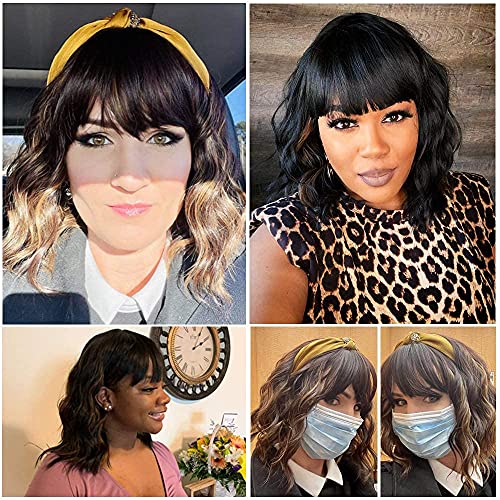 Ucubb Black Mixed Brown 14 Inch Short Wavy Curly Hair Wigs with Bangs - Shoulder Length Synthetic Heat Resistant Wigs for Black Women