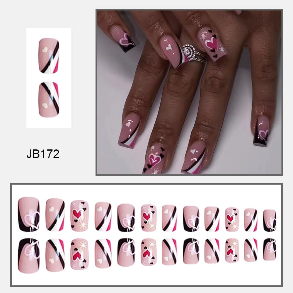 24 Pcs Valentines Press on Nails Medium Square - WLGDLH Fake Nails Press ons Cute Heart False Nails Full Cover Nail Tips with Striped Stars Glossy Design Acrylic Nail Kit Art for Women Manicure