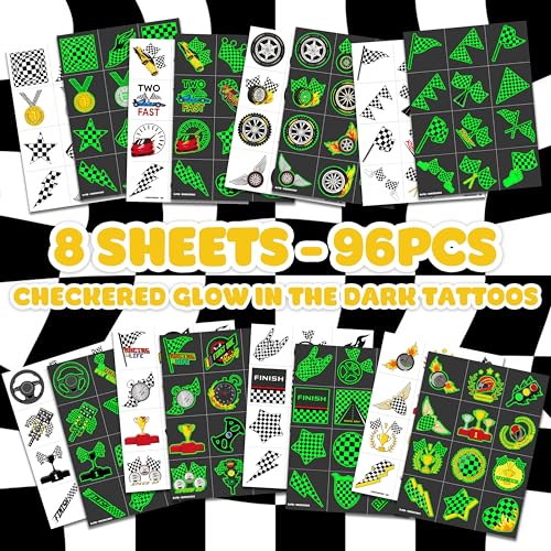 96 Glow in the Dark Checkered Flag Temporary Tattoos