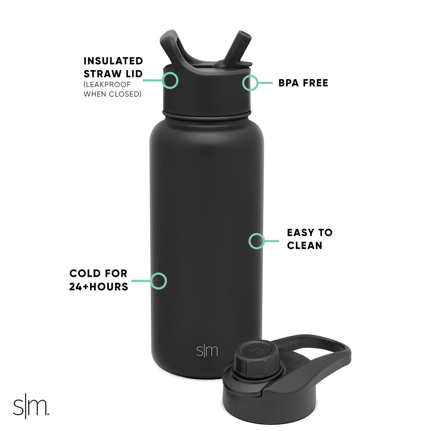 Simple Modern Water Bottle with Straw and Chug Lid Vacuum Insulated Stainless Steel Metal Thermos | Reusable Leak Proof BPA-Free Flask for Sports Gym Summit Collection 32oz, Midnight Black