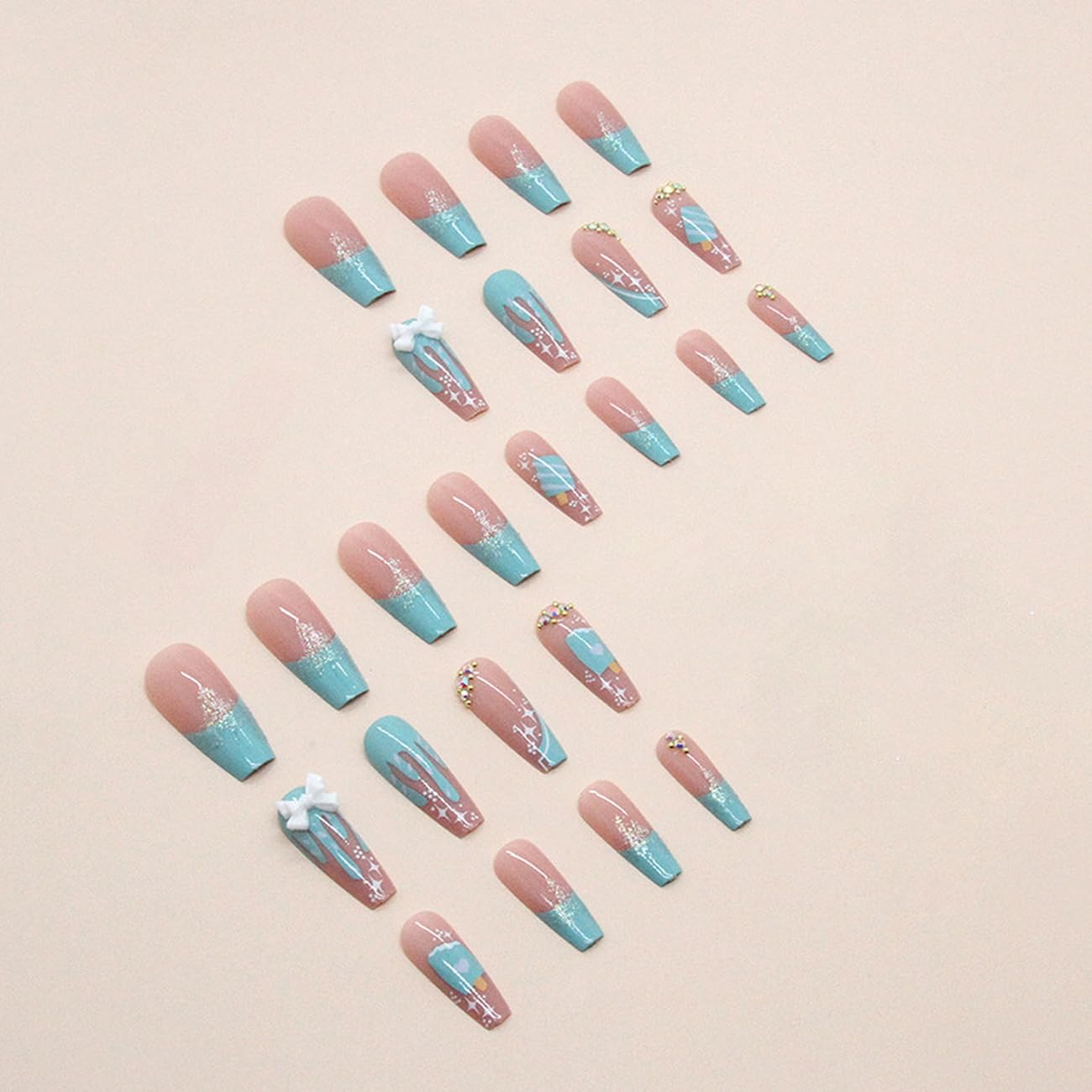 Long Press on Nails Pink Coffin False Nails with Designs 3D Charm Glitter Rhinestone Glossy Fake Nails Acrylic Glue on Nails Artificial Nails for Women and Girls 24Pcs