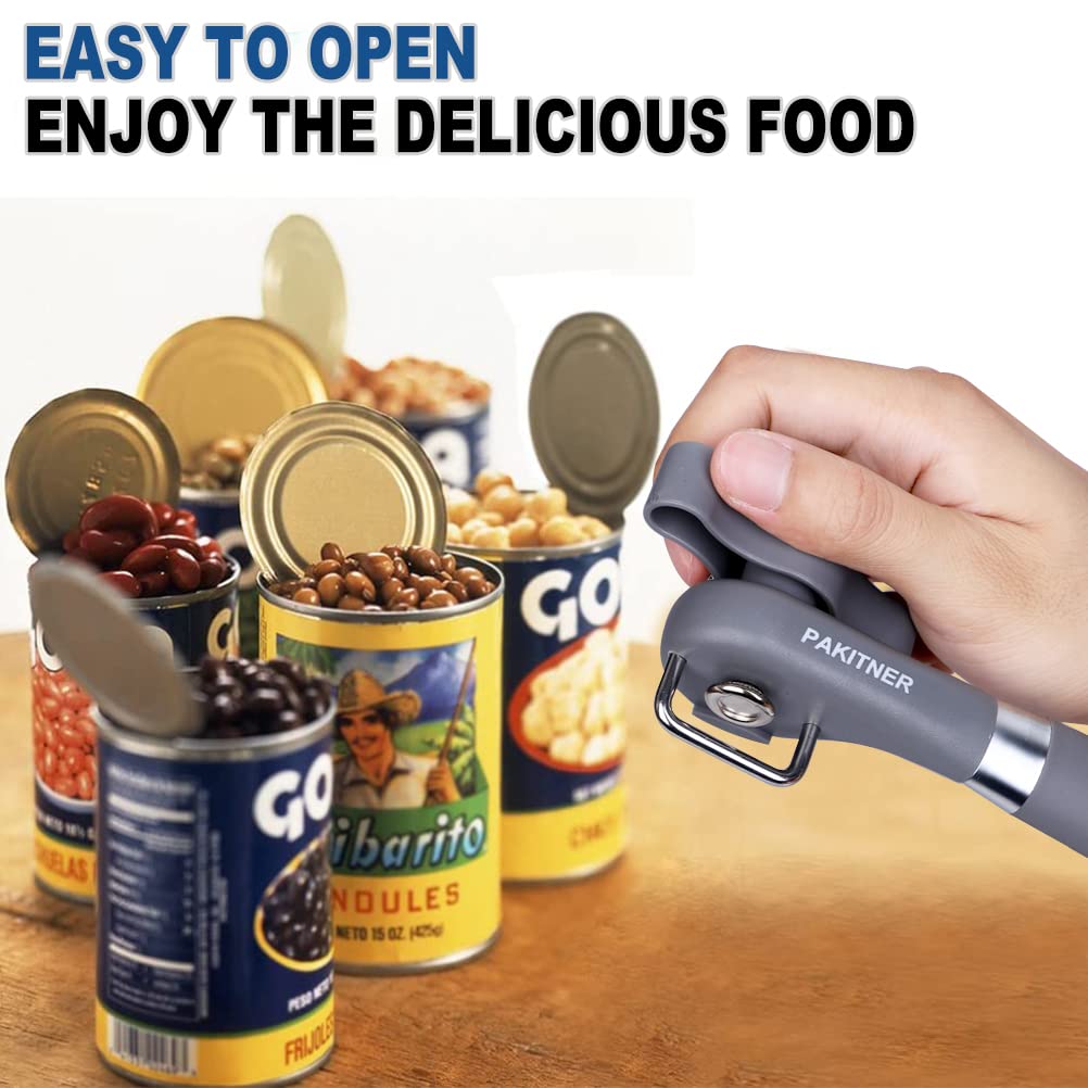 PAKITNER- Cut safe can opener, Manual can opener smooth edge - handheld Side cut can opener with Sharp Blade, Comfortable Grip Handle Food Grade Stainless Steel Cutting Can Opener, Gray