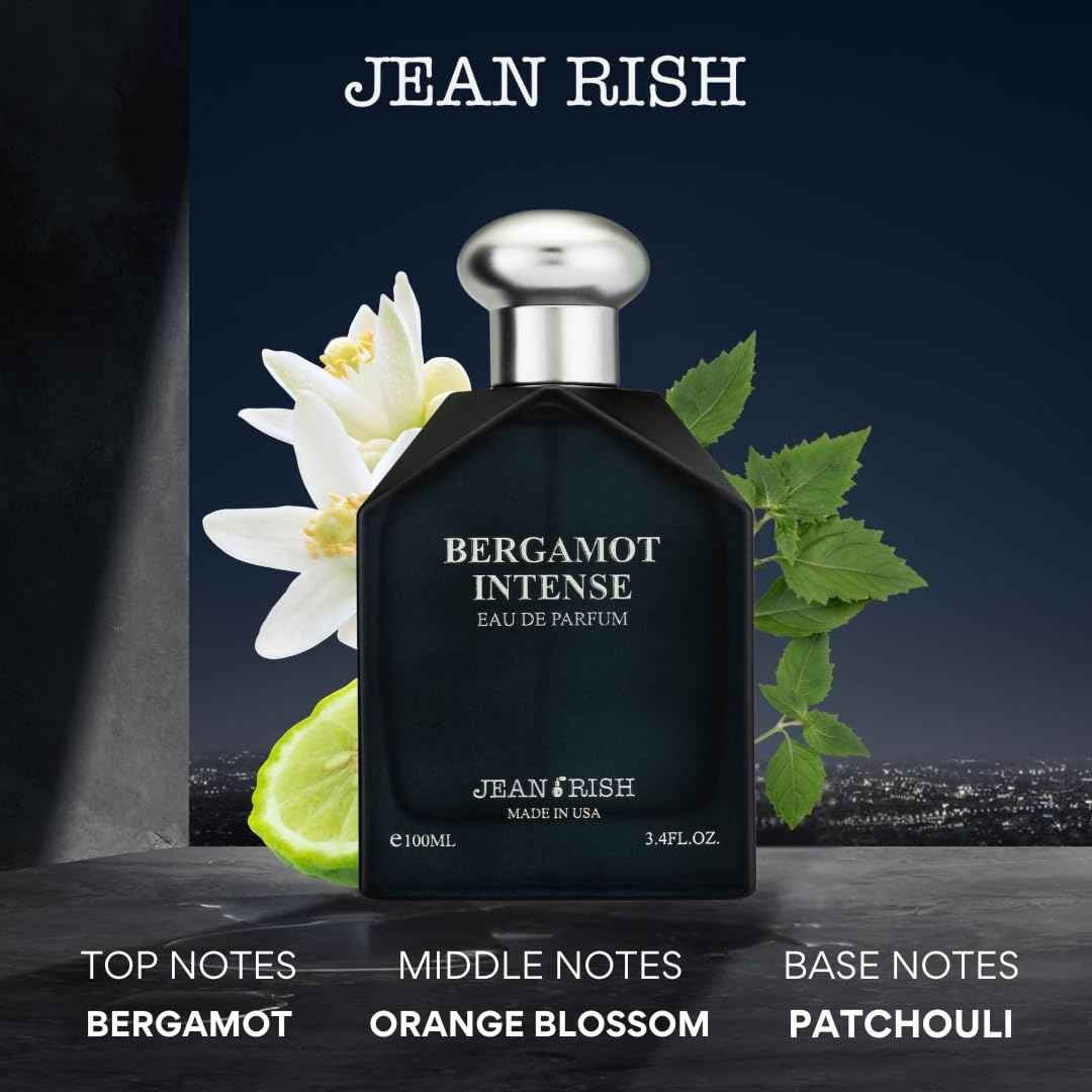 Jean Rish Bergamot Intense, Eau de Parfum for Men (3.4 Fl Oz / 100ml) with Bergamot, Orange Blossom & Patchouli – Long Lasting and Luxury Fragrance, Made in USA