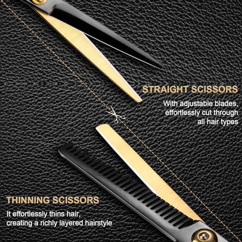 9 Pcs Sharp Hair Cutting Scissors Kit, Stainless-Steel 6.7‘’ Barber Scissors Professional Set, Multifunctional Thinning Shears for Hair Cutting, Wigs Texturizing Tools for Women Men Home Salon(Gold)